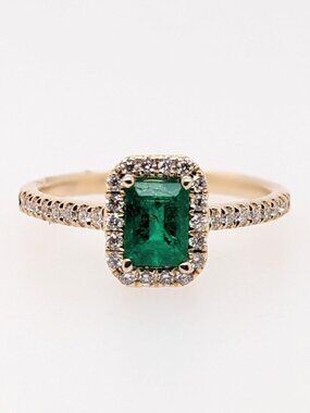 Colombian Emerald Ring with Natural Diamond Halo in Solid 14K Yellow Gold